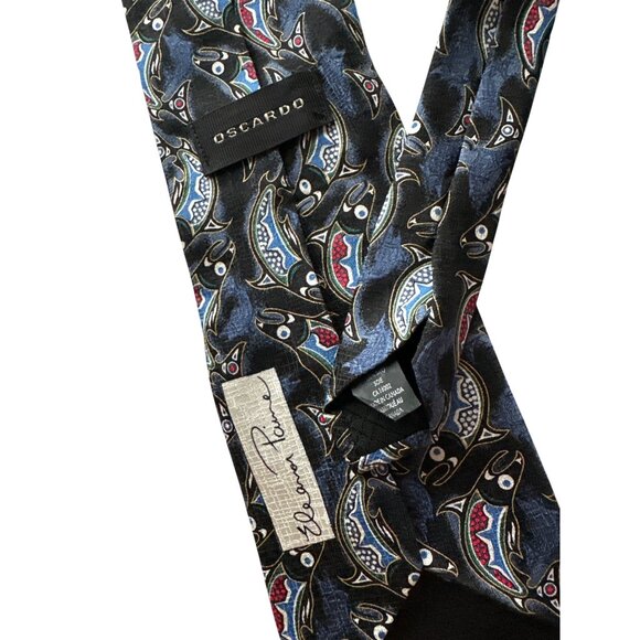 Oscardo by Elaine Paine Silk Tie Barracuda Abstract Fish Print Navy Red White - Picture 2 of 3
